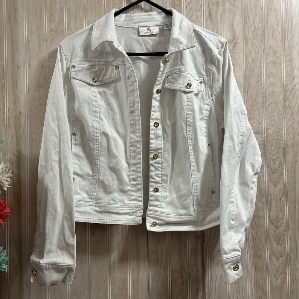 Quacker Factory White Denim Jacket Gold Rhinestone Button Trucker Small Stretch